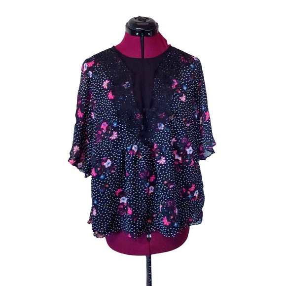 Express Blouse Multicolor Women Size Large Semi Sheer Keyhole Back Lace Trim - Picture 11 of 11